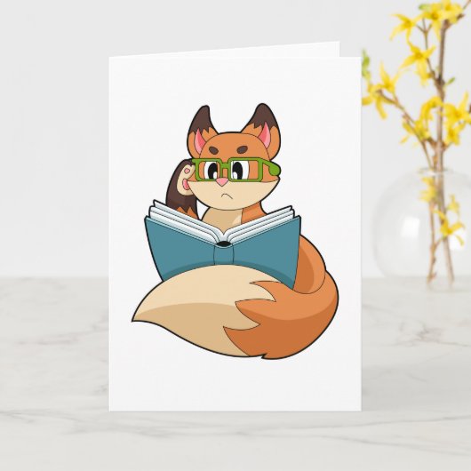 Fox as Nerd with Book & Glasses Karte (Gelbe Blume)