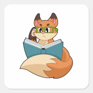 Fox as Nerd with Book & Glasses Quadratischer Aufkleber
