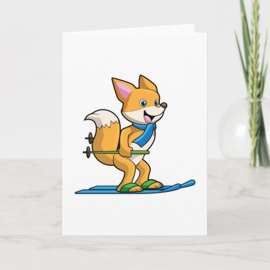 Fox as Skier mit Ski & Skistöcken Karte (Vorderseite)
