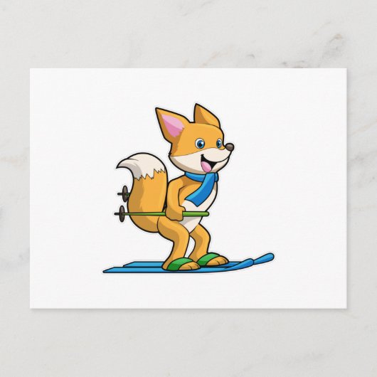 Fox as Skier mit Ski & Skistöcken Postkarte (Vorderseite)