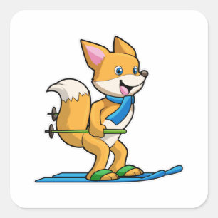 Fox as Skier mit Ski & Skistöcken Quadratischer Aufkleber