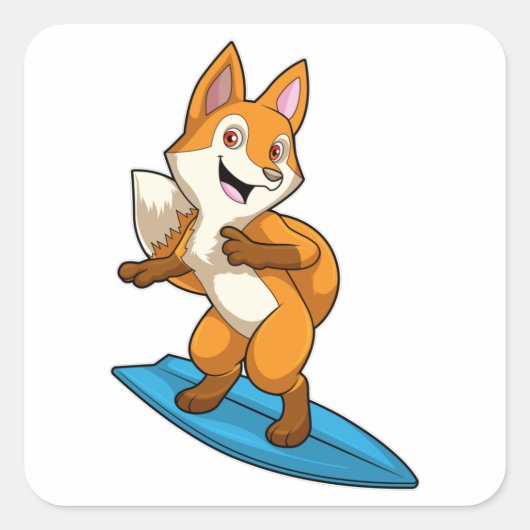 Fox as Surfer mit Surfbrett Quadratischer Aufkleber (Vorderseite)