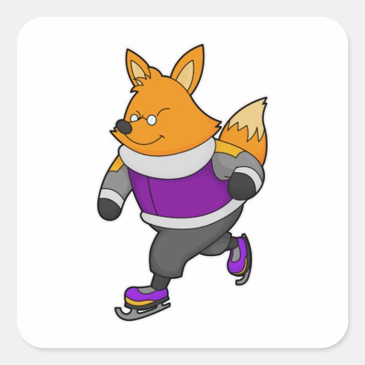 Fox at Ice Skaten mit Ice Skate & Brille Quadratischer Aufkleber (Vorderseite)