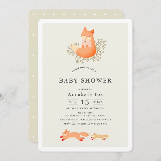 Fox auf Zweig Beige Babydusche Einladung (Vorne/Hinten)