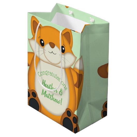 Fox Baby Dusche grün Mittlere Geschenktüte (Rückseite Schrägansicht)