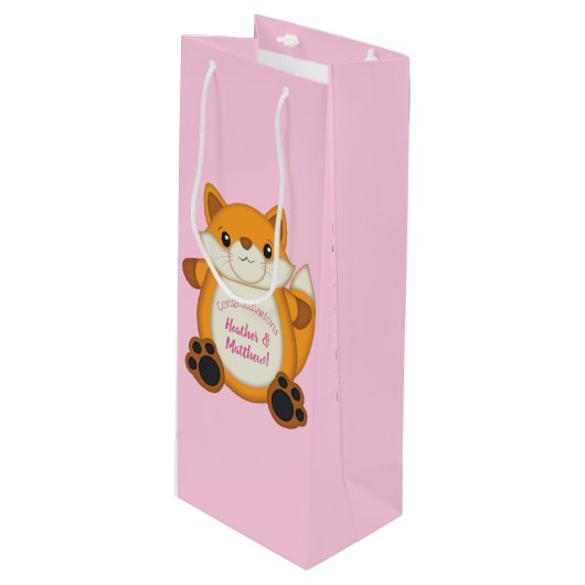 Fox Baby Dusche Pink Geschenktüte Für Weinflaschen (Vorderseite Schrägansicht)