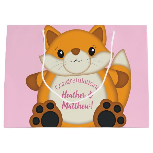 Fox Baby Dusche Pink Große Geschenktüte (Vorderseite)