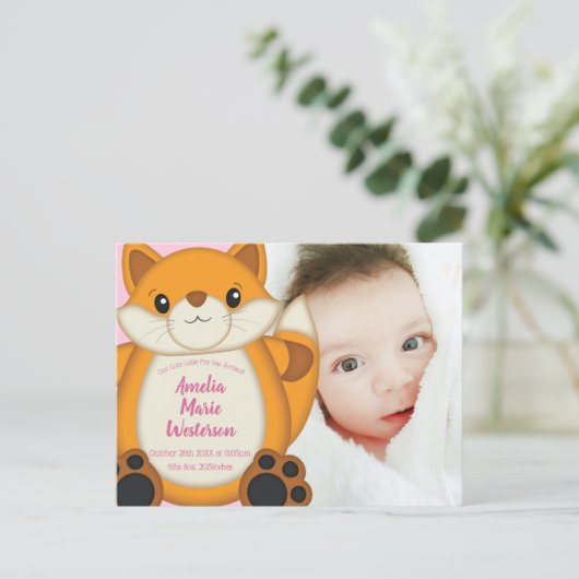 Fox Baby Dusche Pink Postkarte (Stehend Vorderseite)