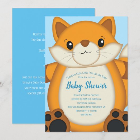 Fox Baby Shower Blue Einladung (Vorne/Hinten)