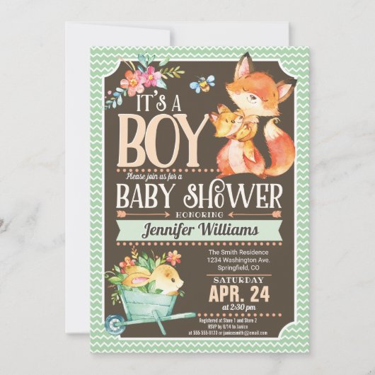 Fox Baby Shower Einladung, Woodland Boy Einladung (Vorderseite)