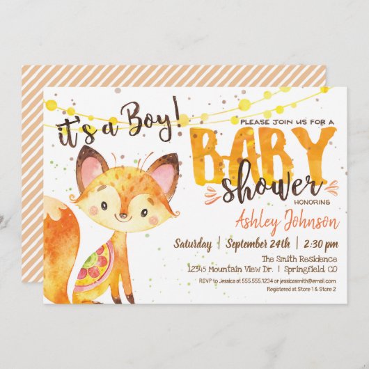 Fox Baby Shower Woodland Einladung Boy (Vorne/Hinten)