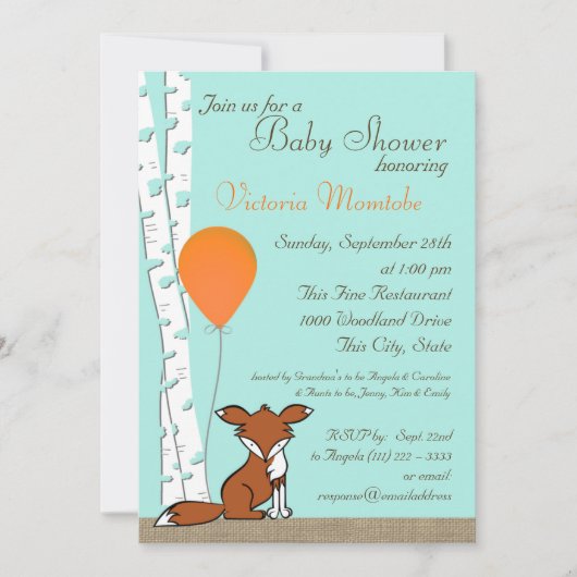 Fox Balloon und Birch Woodland Babydusche Einladung (Vorderseite)