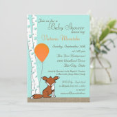 Fox Balloon und Birch Woodland Babydusche Einladung (Stehend Vorderseite)