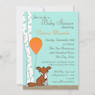 Fox Balloon und Birch Woodland Babydusche Einladung