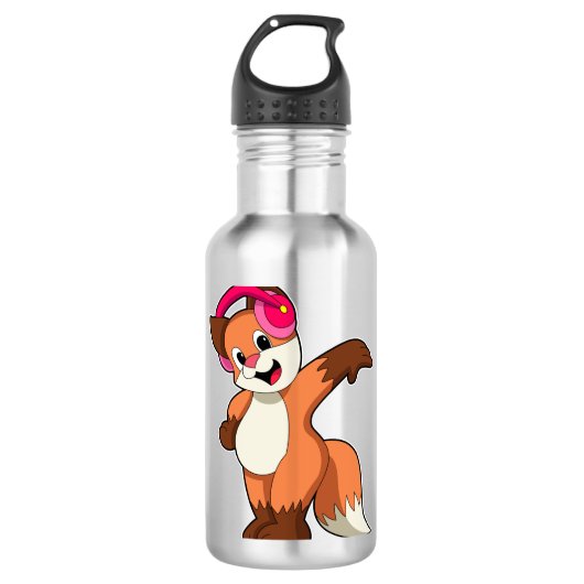 Fox bei Musik mit Headphone Edelstahlflasche (Vorderseite)