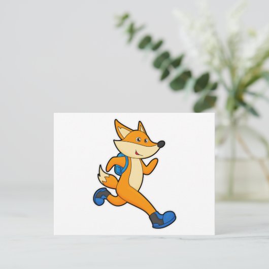 Fox beim Ausführen mit Backpack Postkarte (Stehend Vorderseite)
