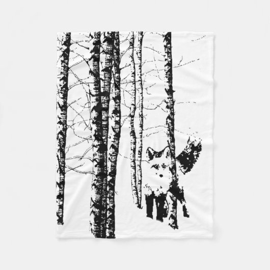 Fox Birch Tree Forest Animal Silhouette Art Fleecedecke (Vorderseite)