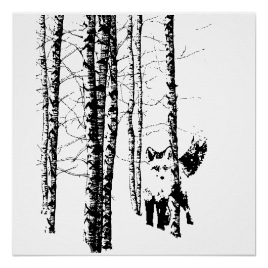 Fox Birch Tree Forest Animal Silhouette Art Poster (Vorderseite)
