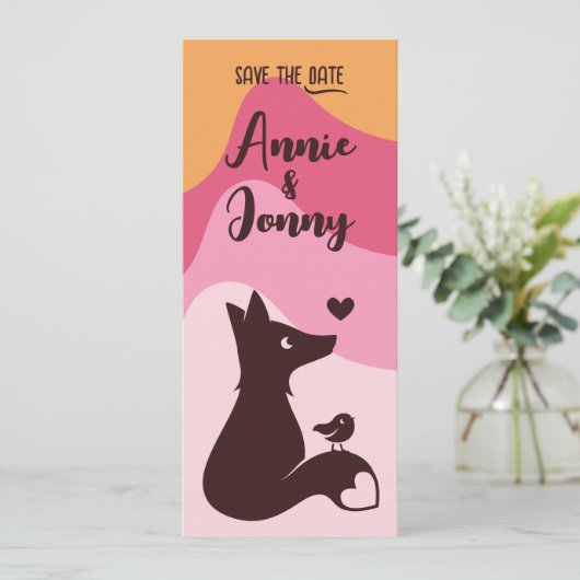 Fox & Bird Pink Sunset Save The Date (Stehend Vorderseite)
