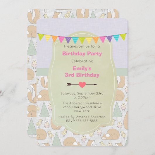 Fox, Birnen und Bäume Whimsical Birthday Einladung (Vorne/Hinten)