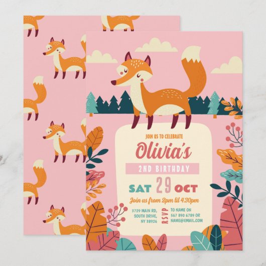 Fox Birthday Party Forest Theme Woods Pink Girl Einladung (Vorne/Hinten)