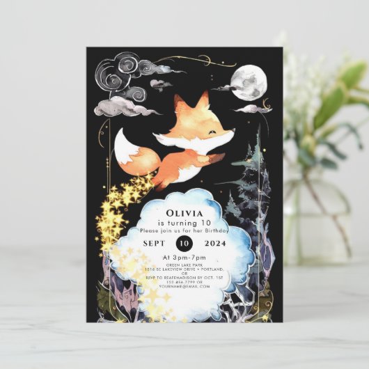 Fox Birthday Woods Whimsy Einladung (Stehend Vorderseite)