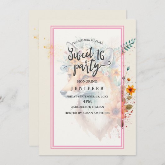 Fox Blume Crown Watercolor Einladung (Vorne/Hinten)