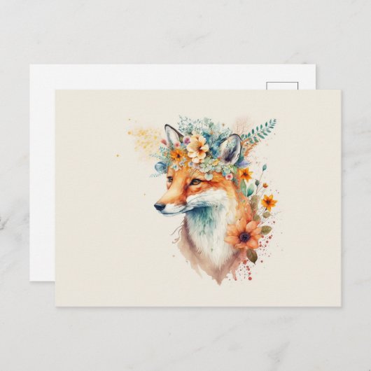 Fox Blume Crown Watercolor Postkarte (Vorne/Hinten)