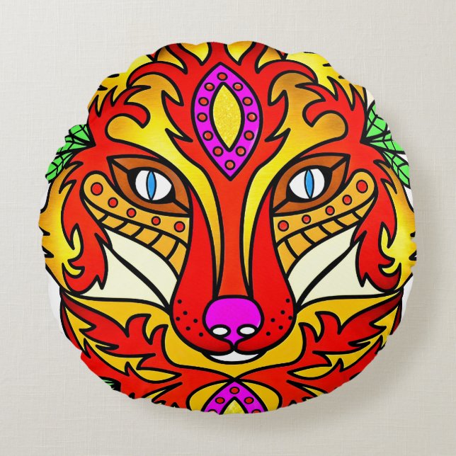 Fox boho abstrakt Art Wolf rot lila Rundes Kissen (Vorderseite)