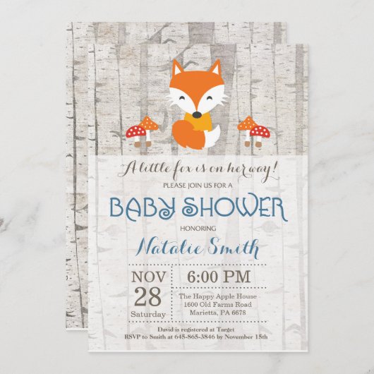 Fox Boy Baby Dusche Einladung rustikales Woodland (Vorne/Hinten)