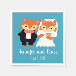 Fox Bride Groom Wedding Blue Türkise personalisier Serviette