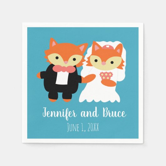 Fox Bride Groom Wedding Blue Türkise personalisier Serviette (Vorderseite)