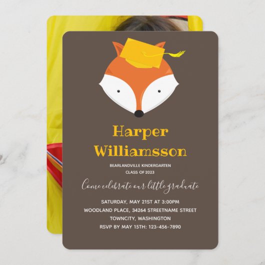 Fox Brown Yellow Foto Kindergarten Abschluss Einladung (Vorne/Hinten)