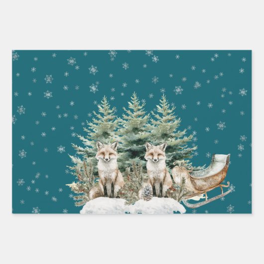 Fox Christmas Tree Sleigh Snowflakes Geschenkpapier Set (Vorderseite)