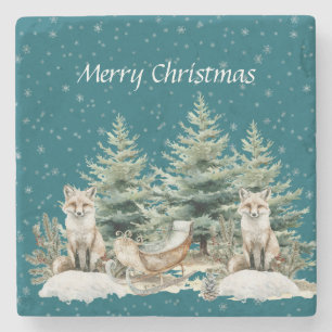 Fox Christmas Tree Sleigh Snowflakes Steinuntersetzer
