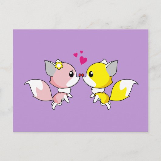 Fox Couple Kissing mit Little Hearts Overhead Postkarte (Vorderseite)