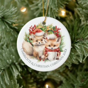 Fox Couple Winter Kranz Weihnachten Personalisiert Keramik Ornament