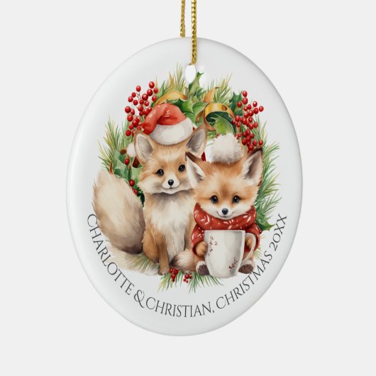 Fox Couple Winter Kranz Weihnachten Personalisiert Keramik Ornament (Rechts)