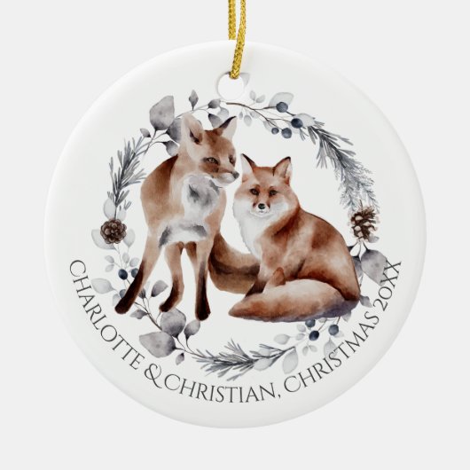 Fox Couple Winter Kranz Weihnachten Personalisiert Keramik Ornament (Vorne)
