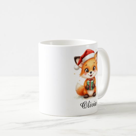 Fox Cub in Santa Hat Custom Name Mug Kaffeetasse (VorderseiteRechts)