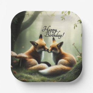 Fox Cuddle in Misty Forest Birthday Pappteller
