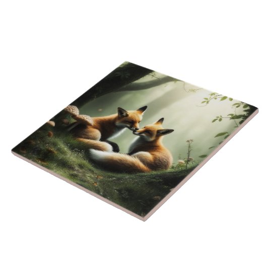 Fox Cuddle in Misty Forest Fliese (Seite)