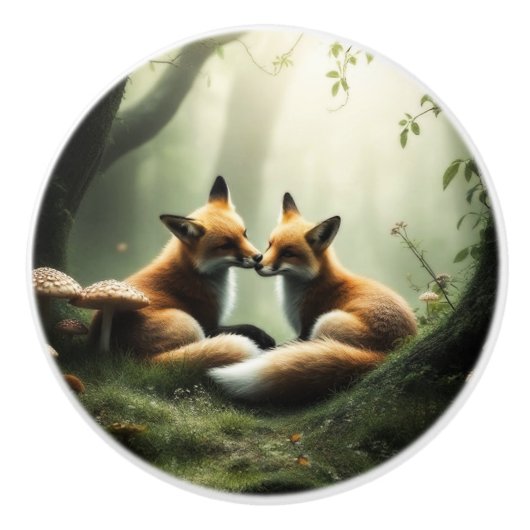 Fox Cuddle in Misty Forest Keramikknauf (Vorderseite)