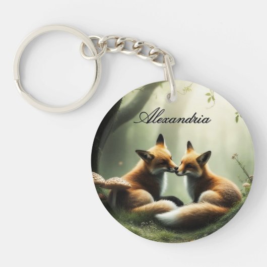 Fox Cuddle in Misty Forest Personalisiert Schlüsselanhänger (Vorderseite)