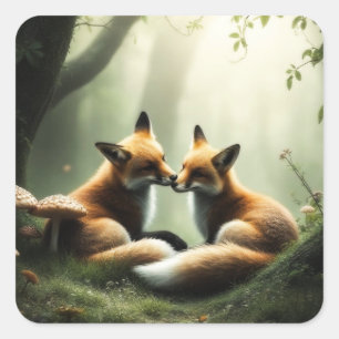 Fox Cuddle in Misty Forest Quadratischer Aufkleber