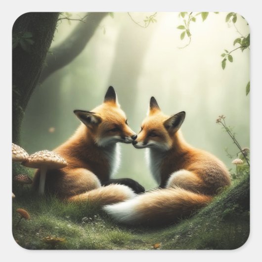 Fox Cuddle in Misty Forest Quadratischer Aufkleber (Vorderseite)