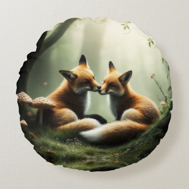 Fox Cuddle in Misty Forest Rundes Kissen (Vorderseite)