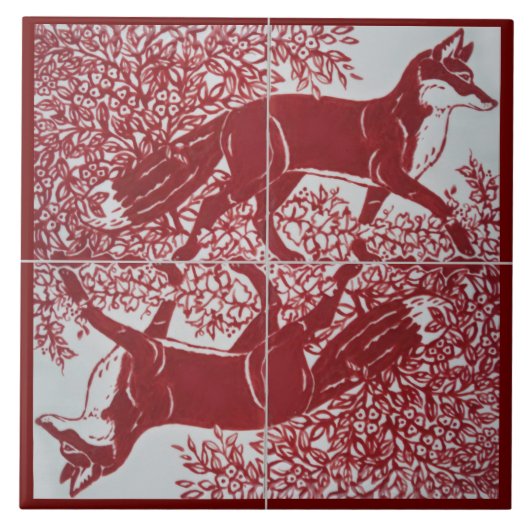 Fox Dark Red White Illustration CeramicTile Mural Fliese (Vorderseite)