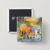 Fox, der durch Flussufer trinkt Button (Vorne & Hinten)