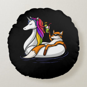 Fox, der ein Unicorn-Floss-Tierpool-Party reitet Rundes Kissen